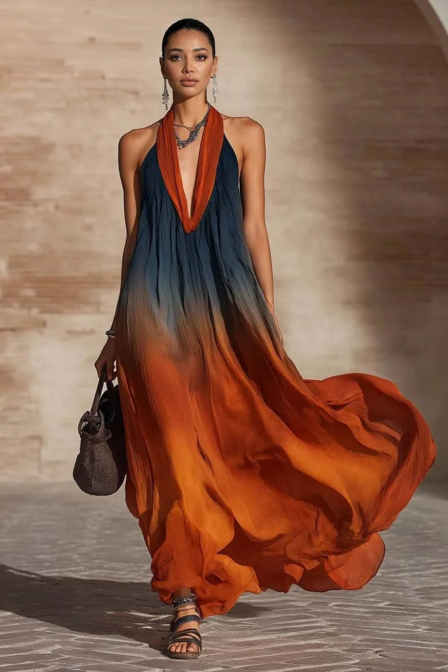 Paula | Gradient Halter V-Neck Maxi Dress